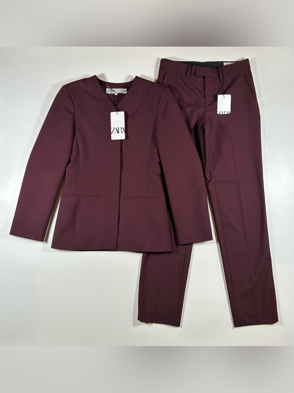 ZARA Suit Set Blazer Jacket Trouser Burgundy Purple Outfit Women's Size XS NWT